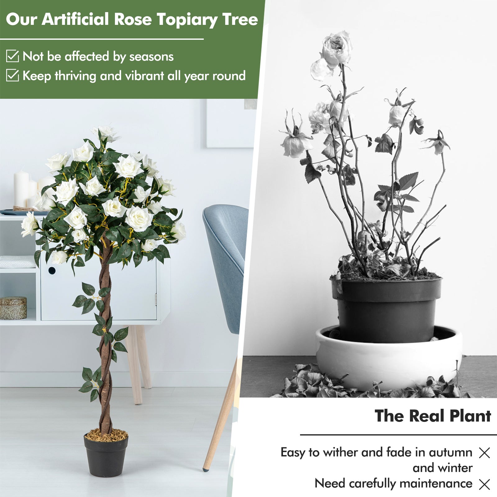 120 CM Artificial Flower Tree Faux Floral Plant with White Roses