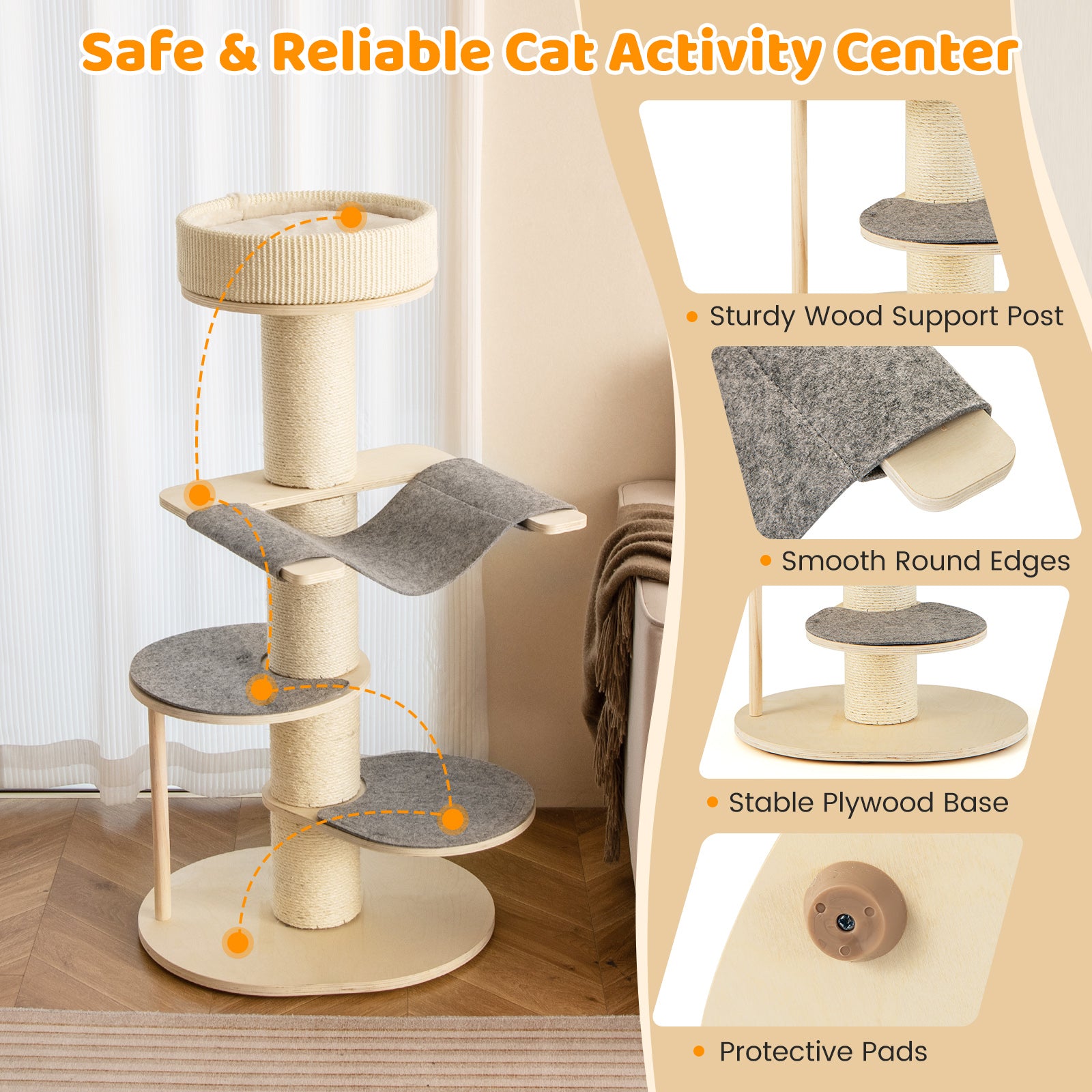 120 CM Multi-layer Cat Tower with Sisal Covered Scratching Posts and Carpet-Grey