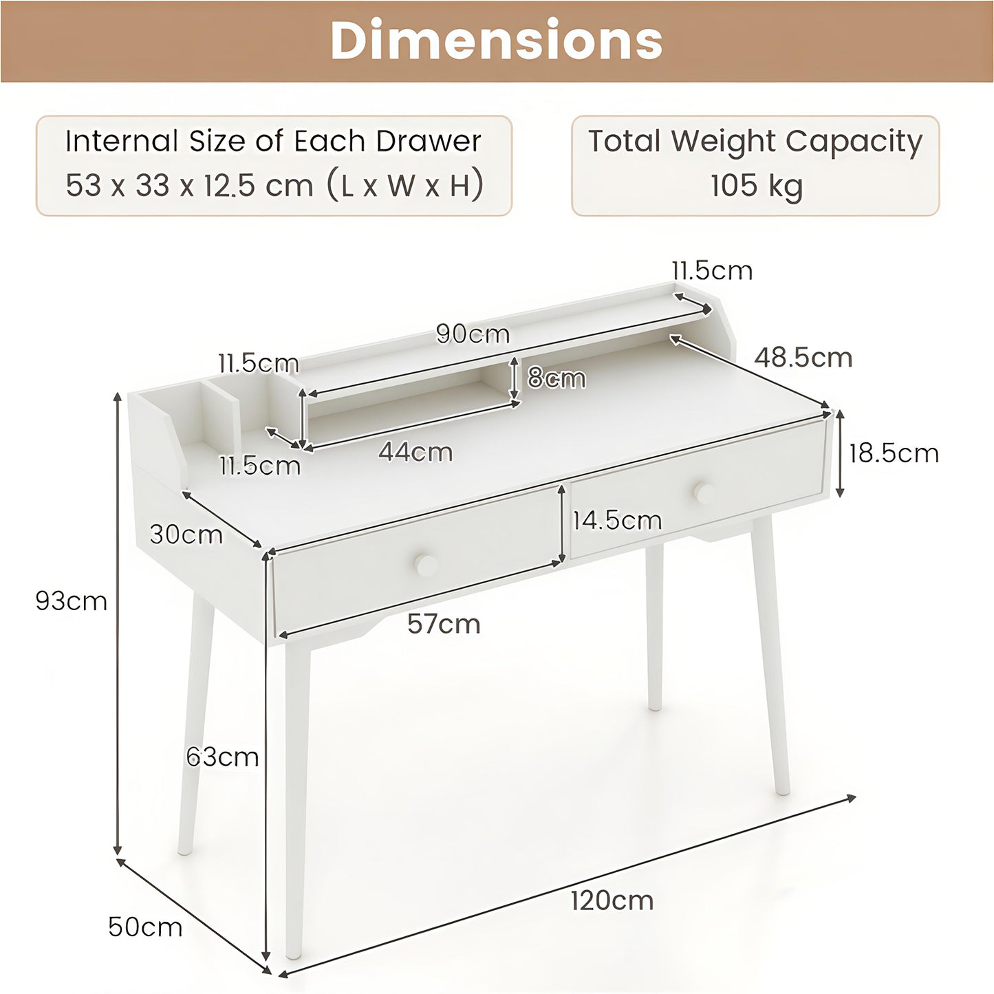 120 CM Writing Desk with Hutch and Drawers for Bedroom-White