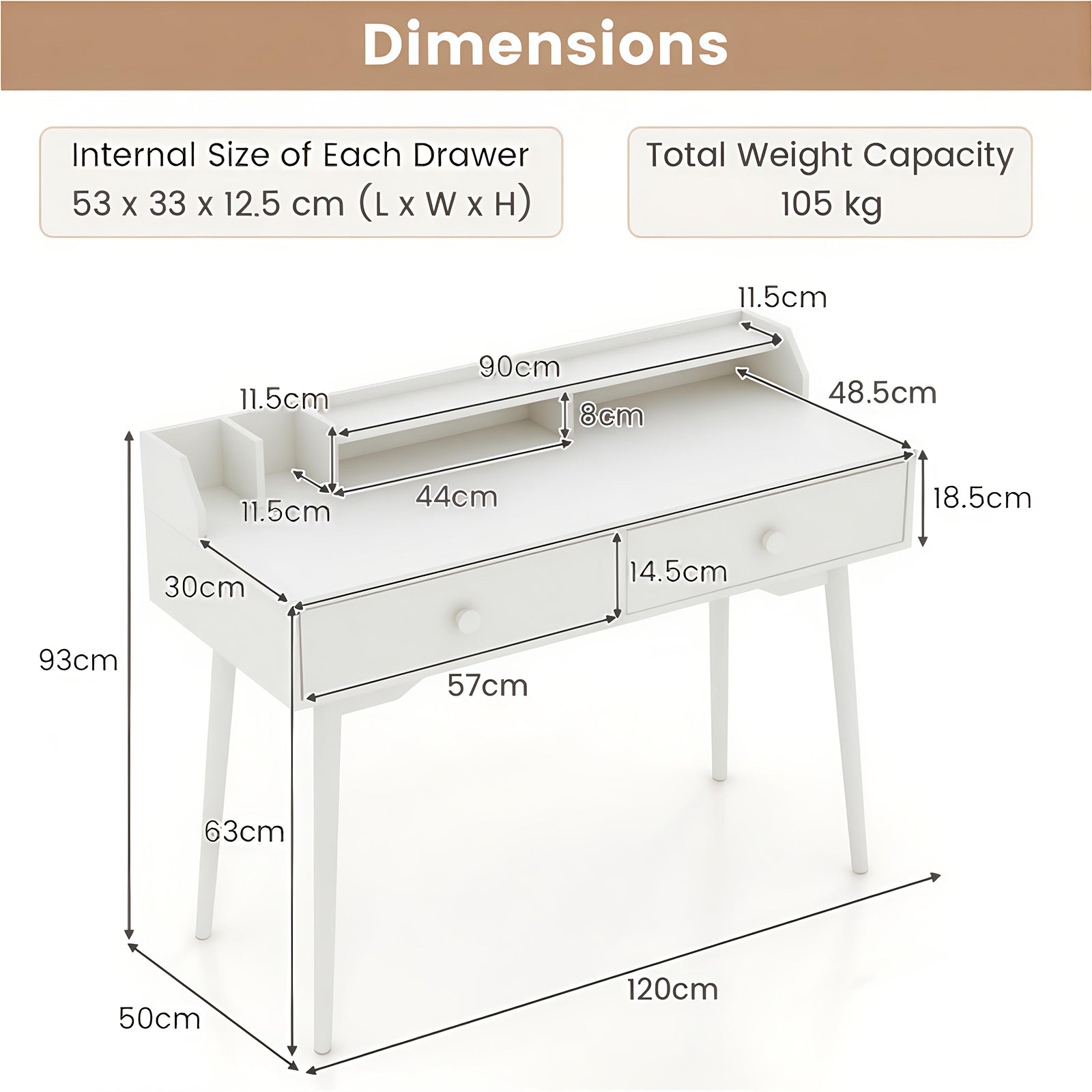 120 CM Writing Desk with Hutch and Drawers for Bedroom-White