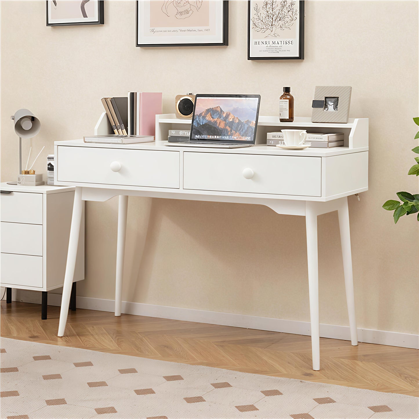120 CM Writing Desk with Hutch and Drawers for Bedroom-White