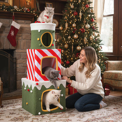 120 cm Cute Cat Climbing Furniture with 3 Condos and Hideaway Caves-Green
