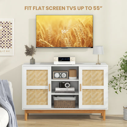 120 CM Sideboard Buffet Cabinet with 2 Bamboo Woven Doors and 3 Open Shelves-White