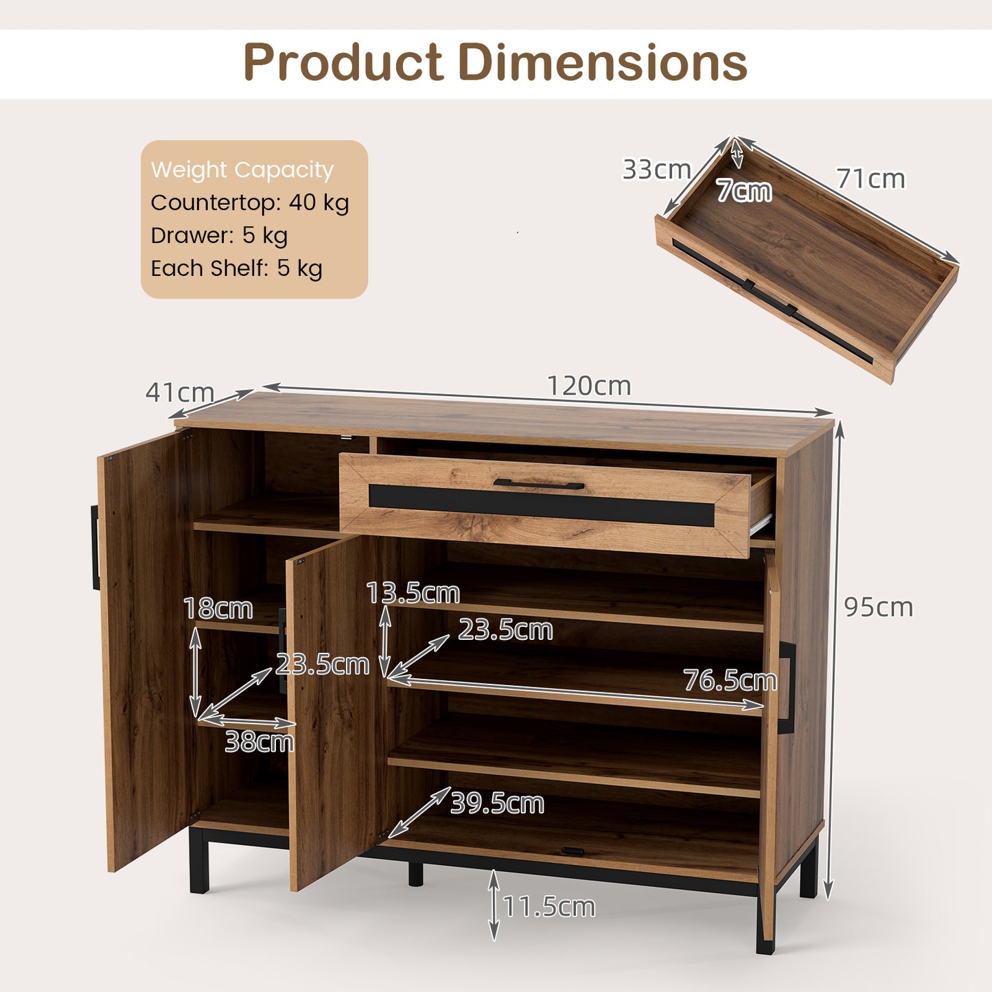 120cm Sideboard Buffet Cabinet with Drawer and 3 Doors for Kitchen-Natural