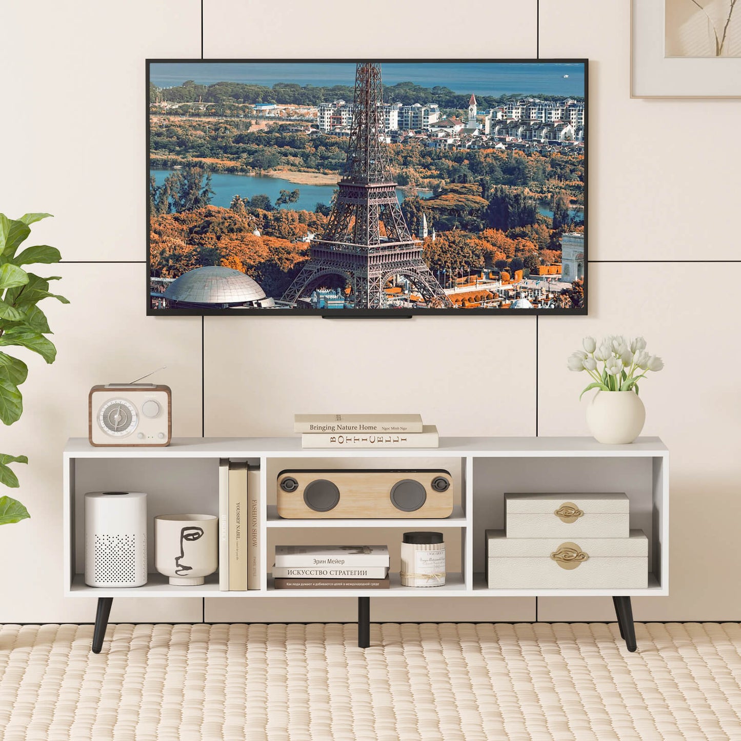 120cm Mid Century Modern TV Stand with Shelves and 5 Metal Legs-White