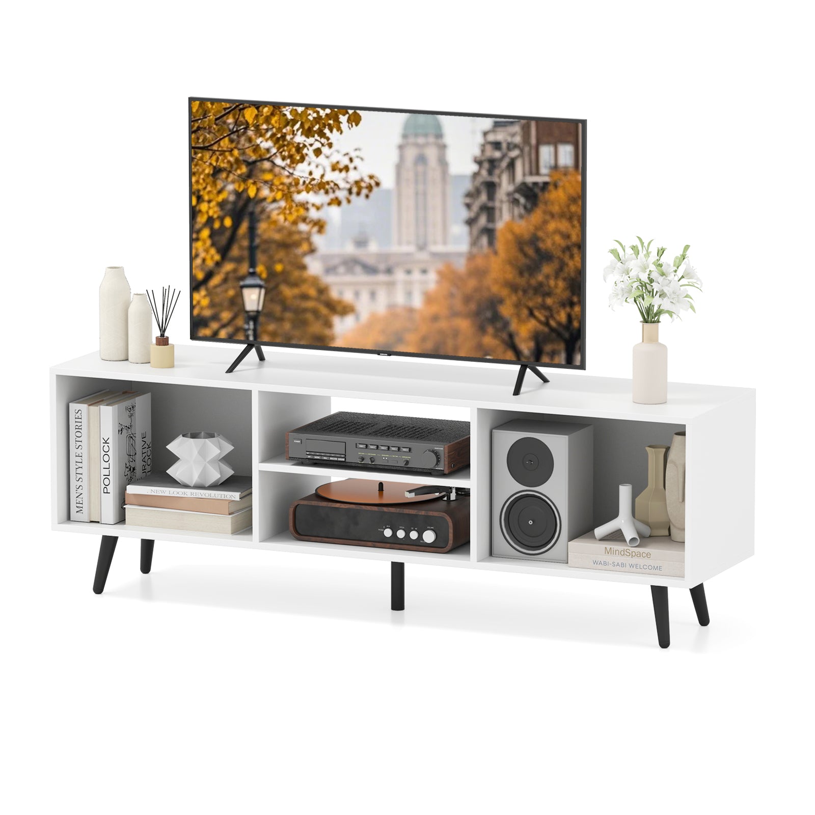 120cm Mid Century Modern TV Stand with Shelves and 5 Metal Legs-White