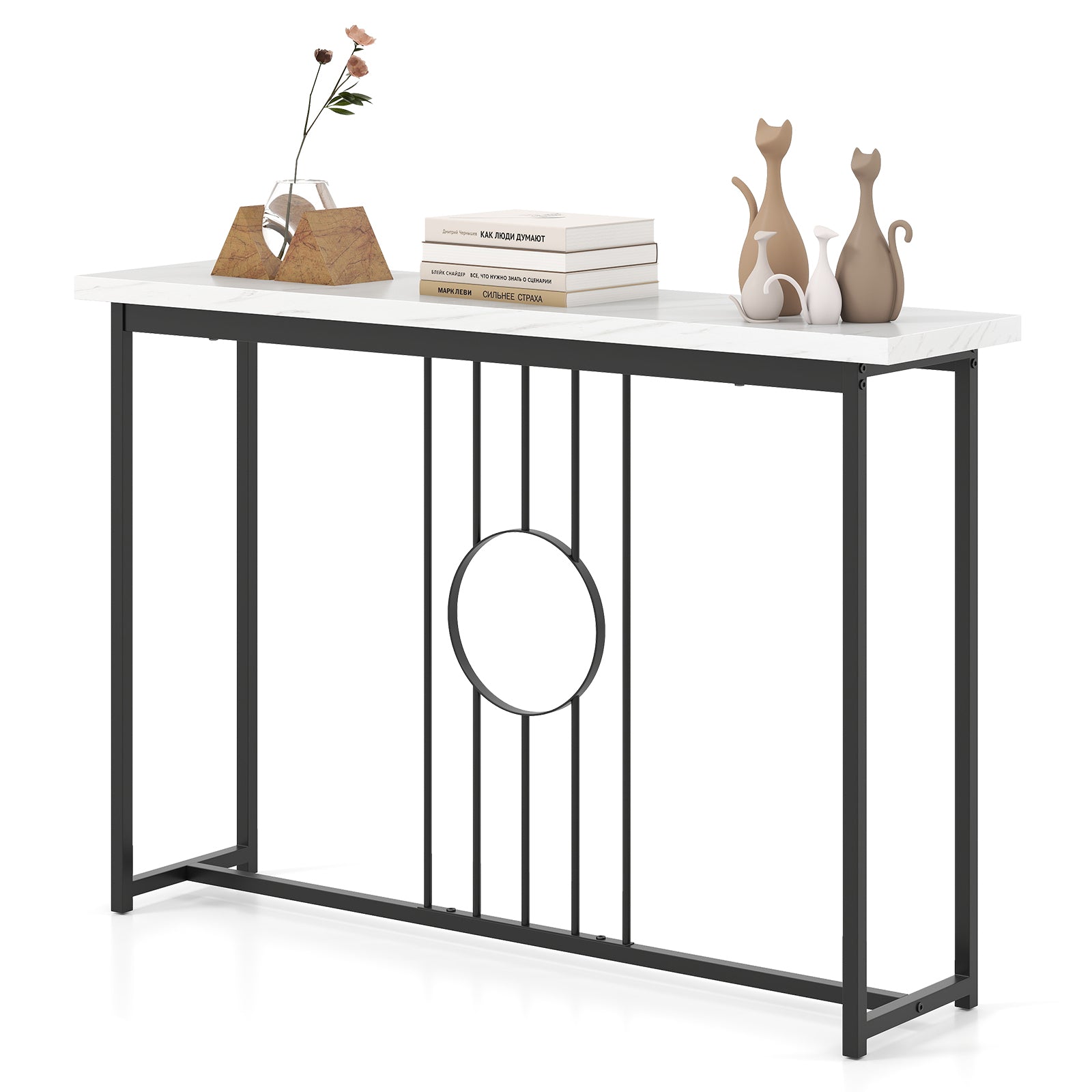 120cm Modern Faux Marble Top Console Table with Heavy-duty Metal Frame-Black