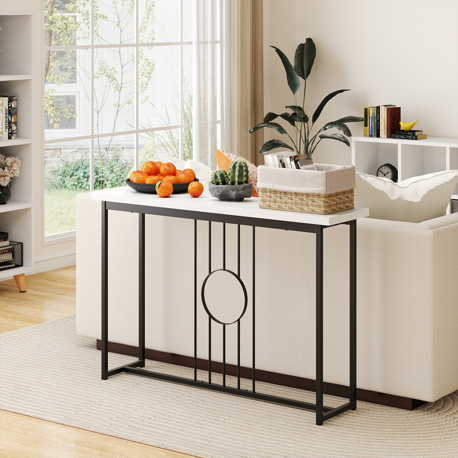 120cm Modern Faux Marble Top Console Table with Heavy-duty Metal Frame-Black