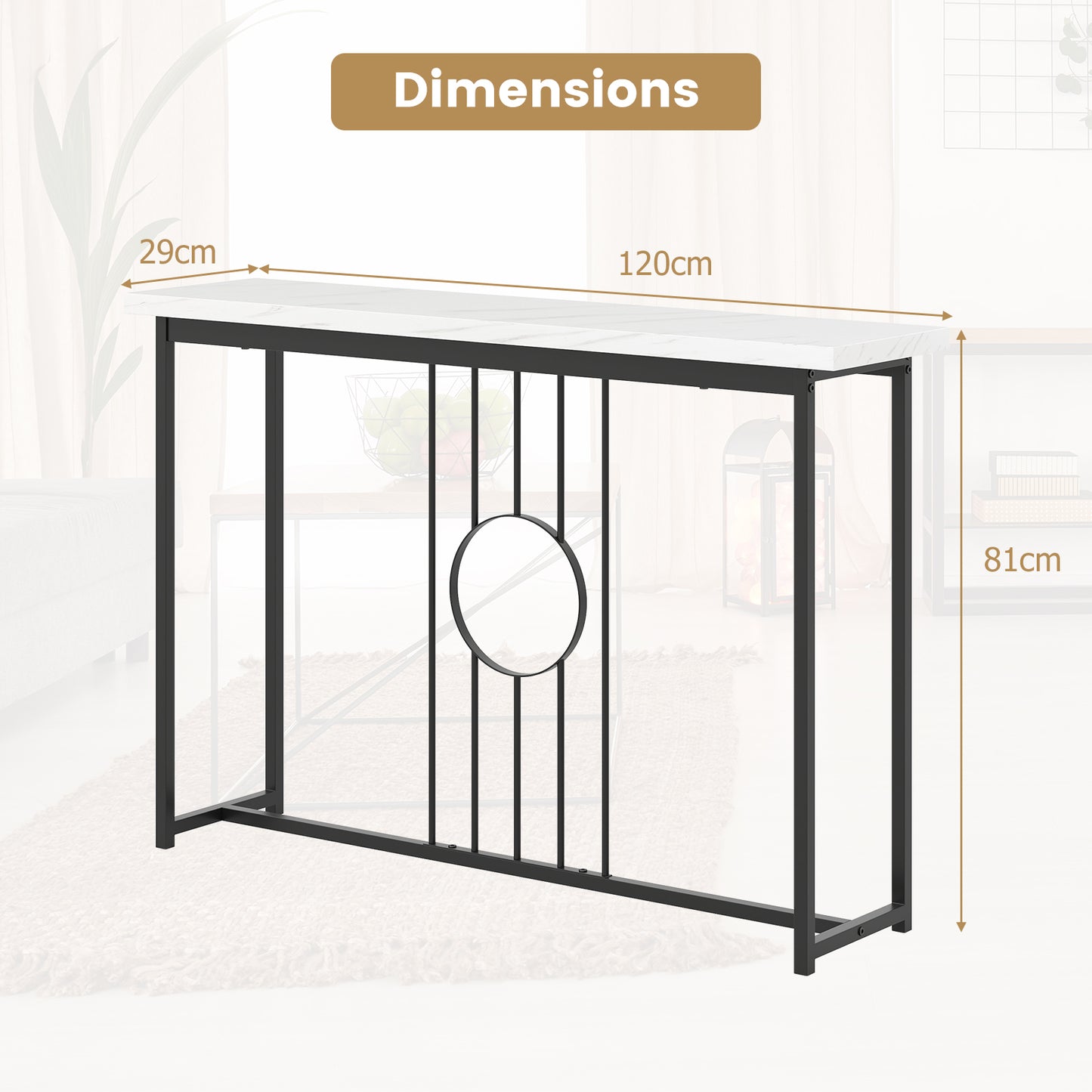 120cm Modern Faux Marble Top Console Table with Heavy-duty Metal Frame-Black