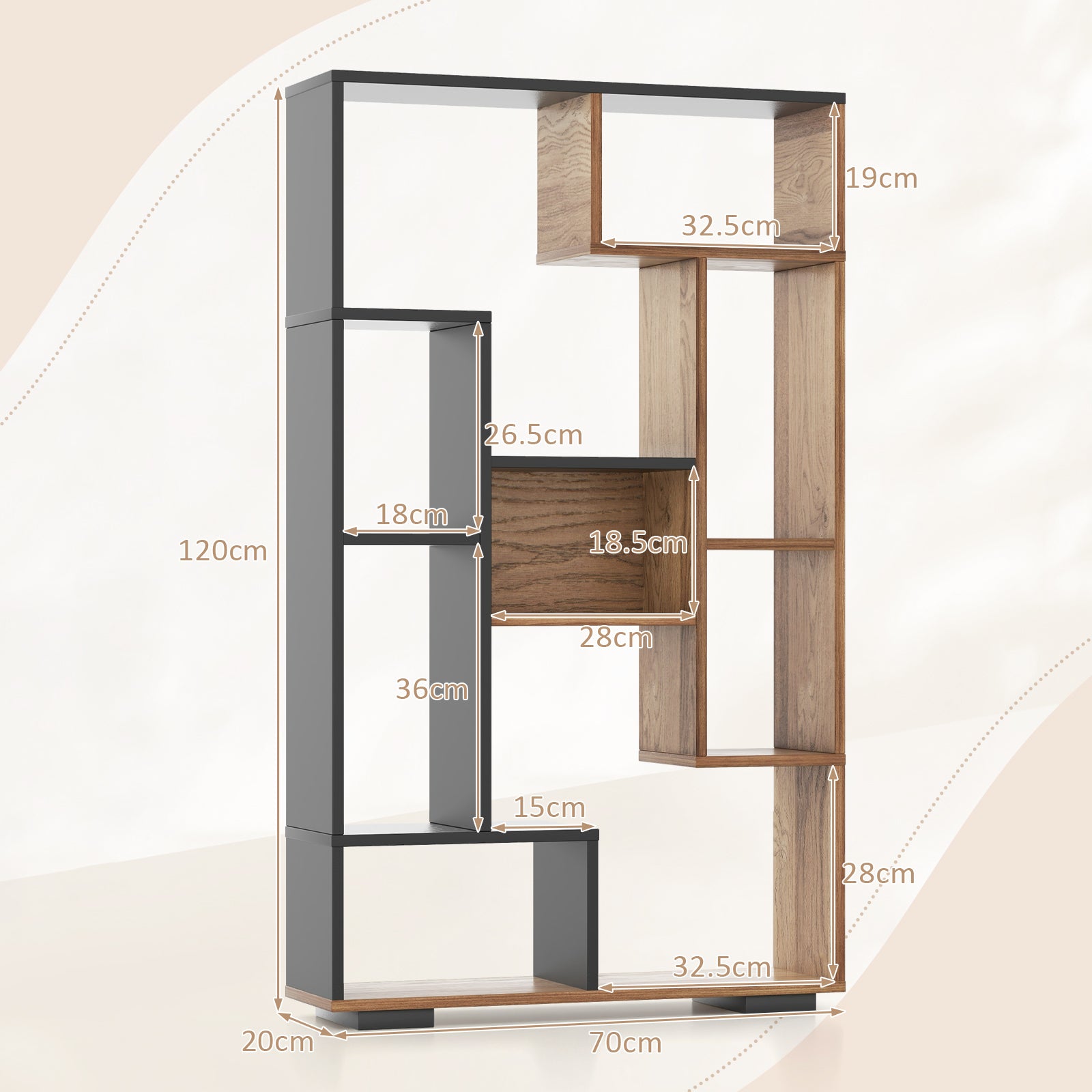 120cm Tall Bookshelf with Anti-tipping Kits for Home Office-Black &amp; Brown
