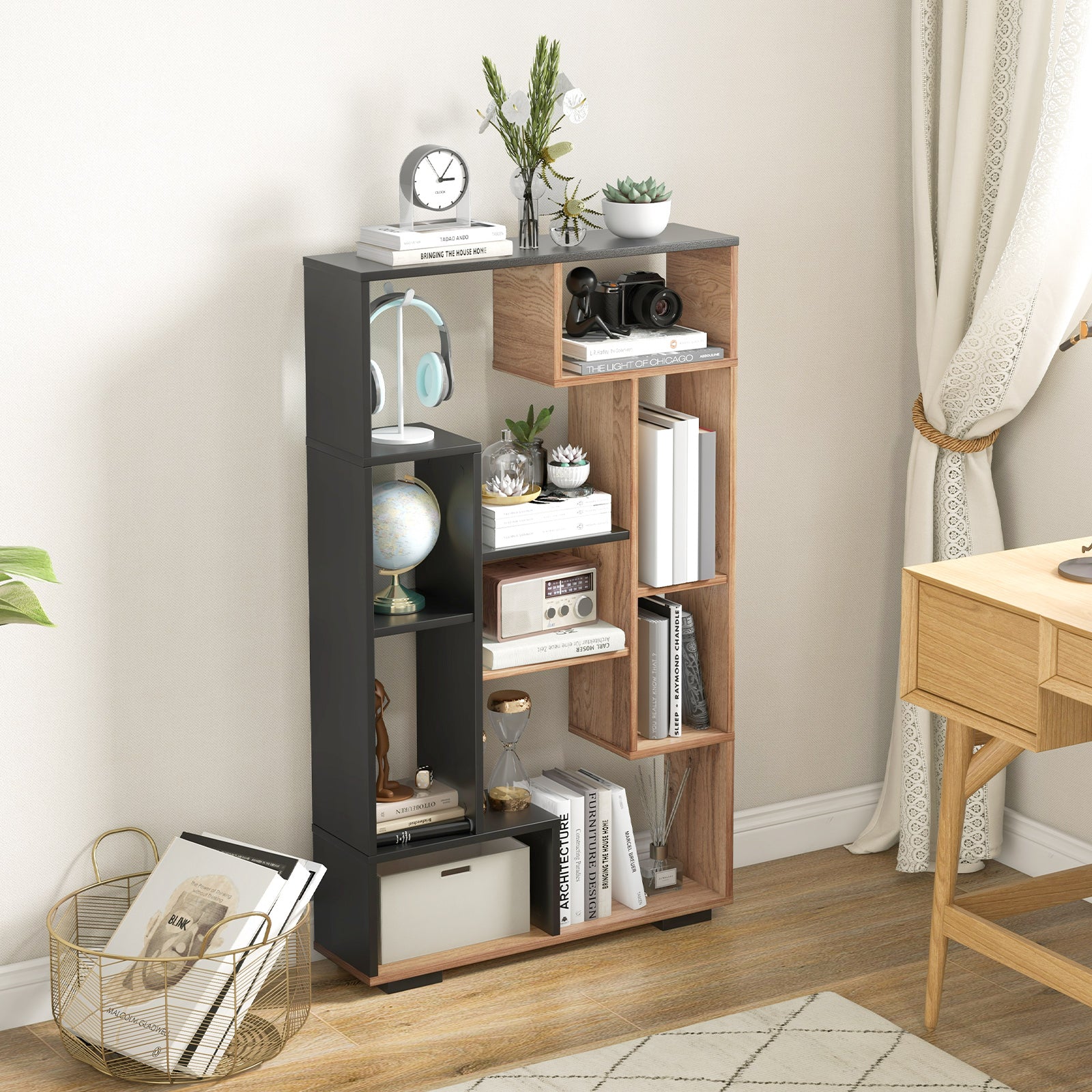 120cm Tall Bookshelf with Anti-tipping Kits for Home Office-Black &amp; Brown