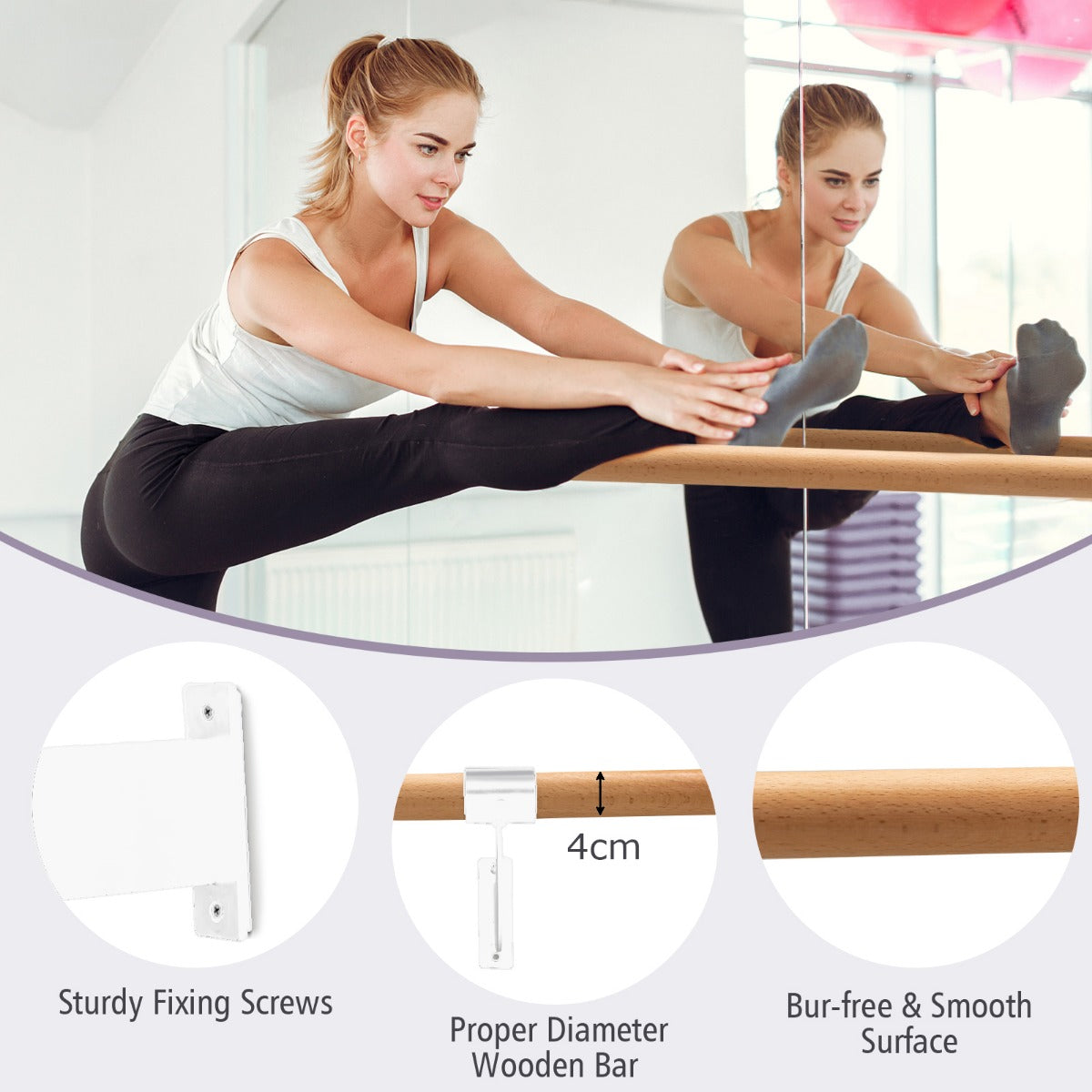 120CM Wall-Mounted Beech Wood Ballet Barre-White
