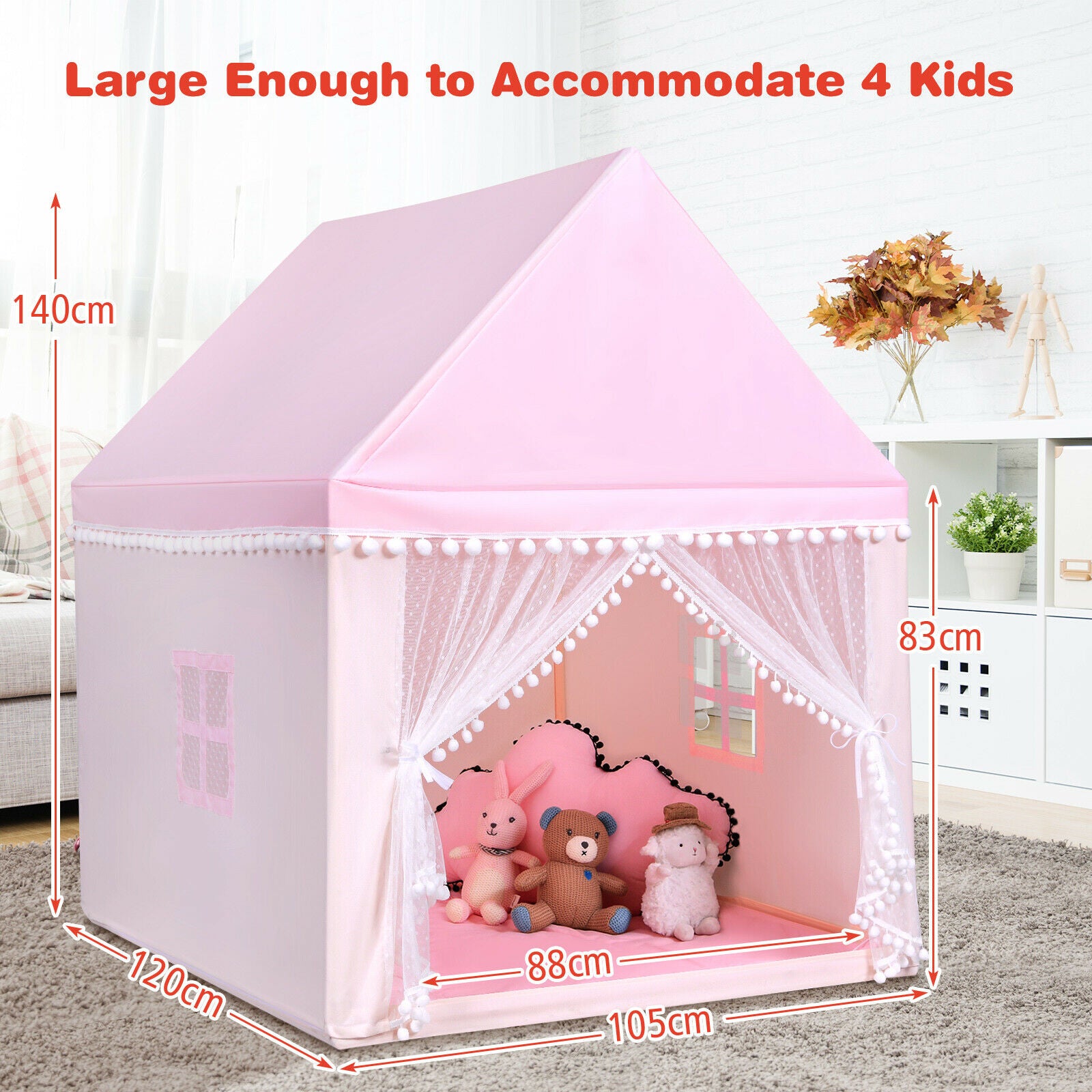 Kids Play Tent Wood Frame Large Playhouse Tents with Mat-Pink