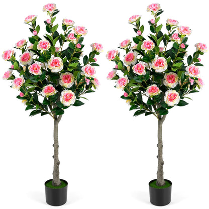 125 CM Artificial Camellia Tree Set of 2 with 54 Blossoms for Home