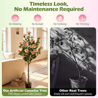 125 CM Artificial Camellia Tree Set of 2 with 54 Blossoms for Home