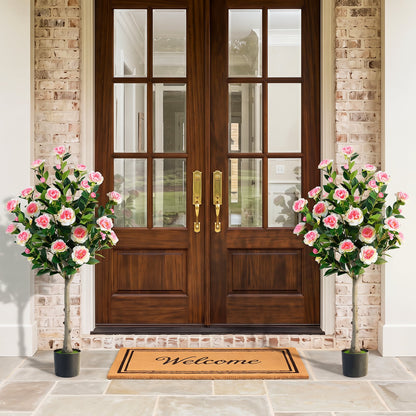125 CM Artificial Camellia Tree Set of 2 with 54 Blossoms for Home