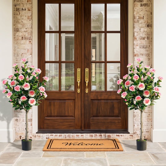 125 CM Artificial Camellia Tree Set of 2 with 54 Blossoms for Home