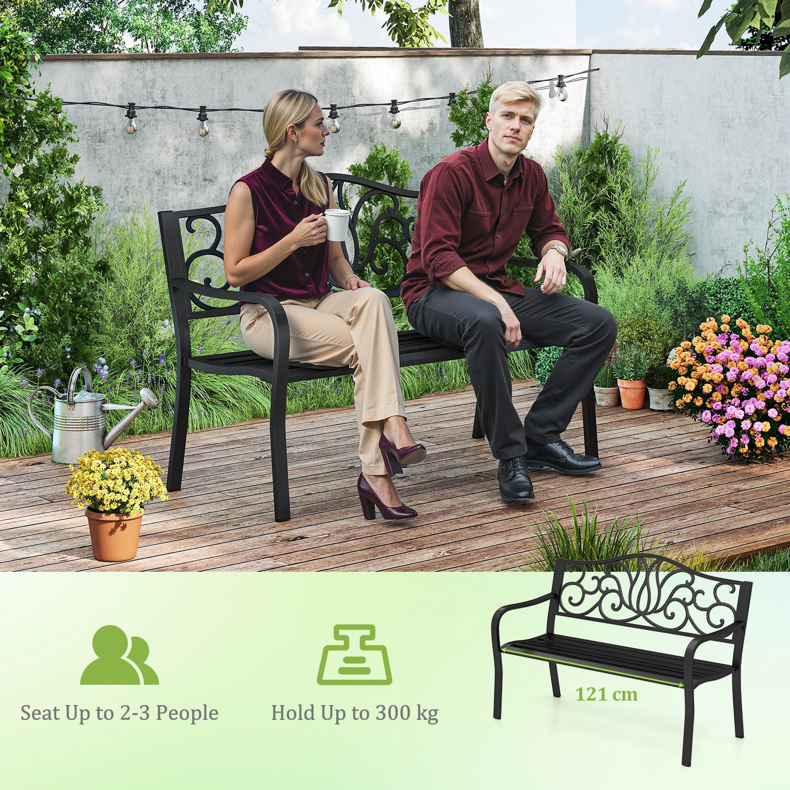 127CM Outdoor Garden Bench with Floral Design Backrest and Slatted Seat-Black