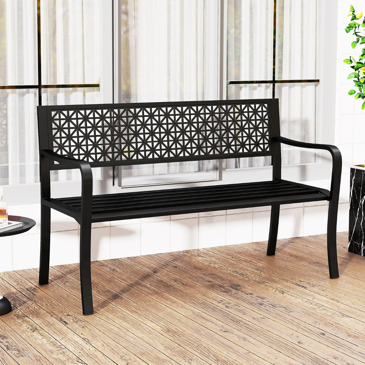 127CM Garden Bench with Patterned Backrest and Curved Armrests2-3-Person Patio Bench-Black