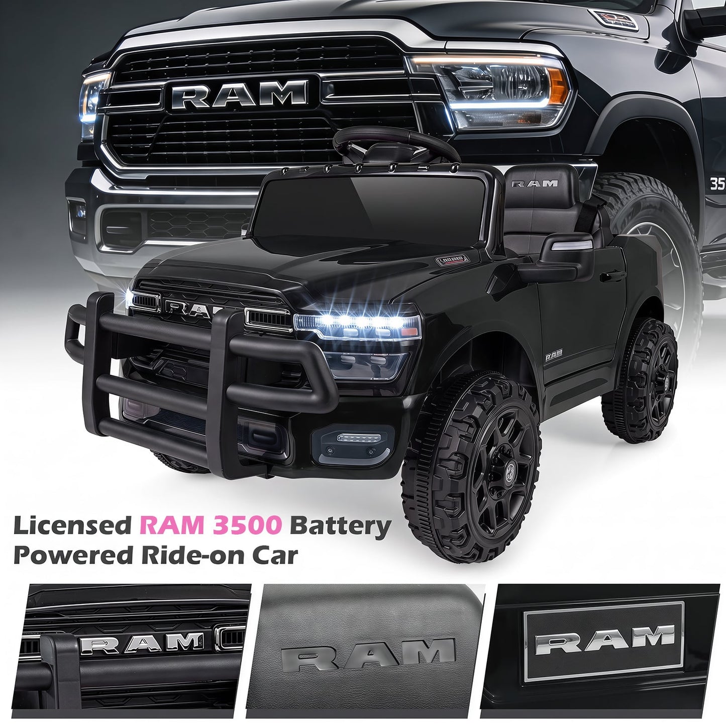 12V Kids Ride On Car with Remote Control and LED Lights-Black