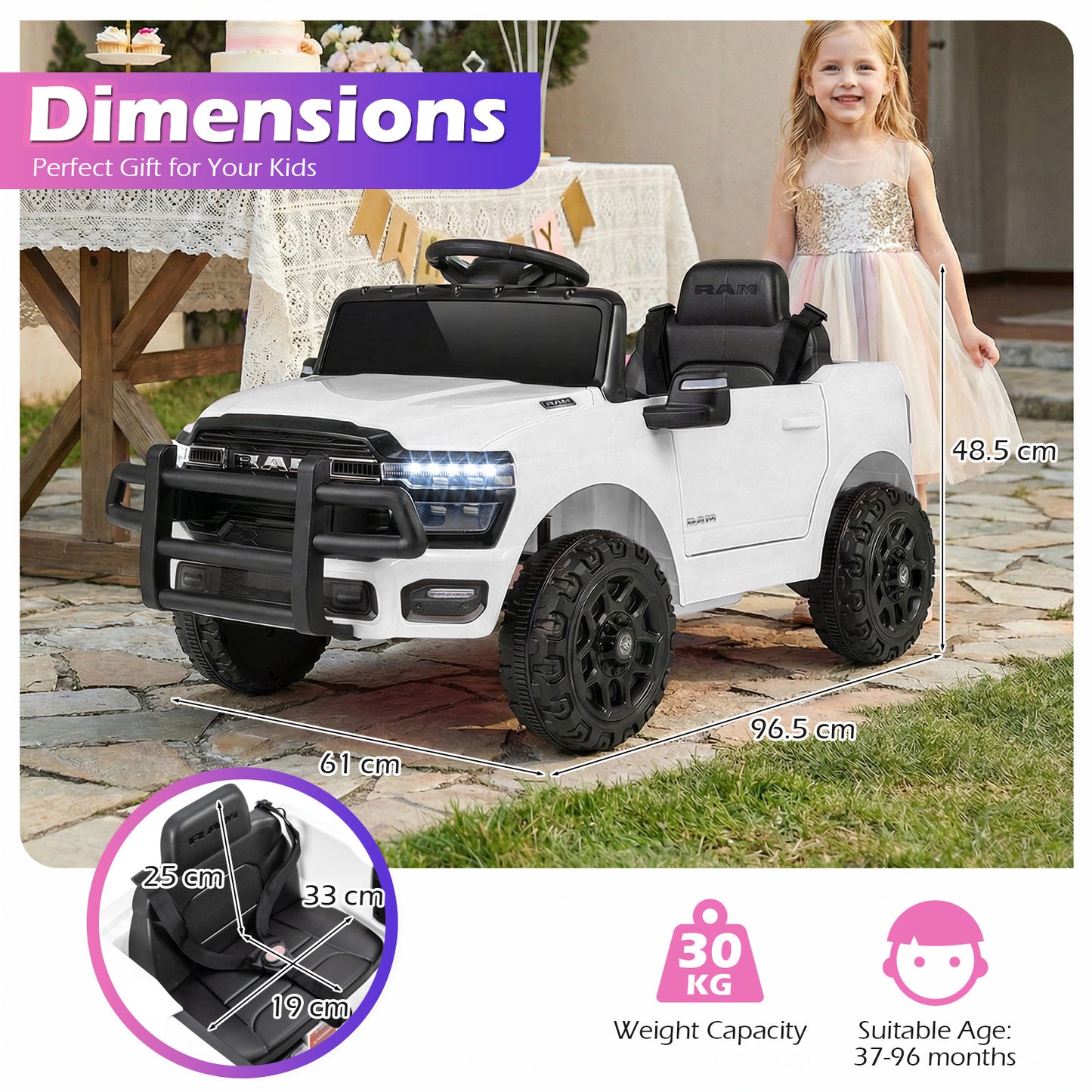 12V Kids Ride On Car with Remote Control and LED Lights-White