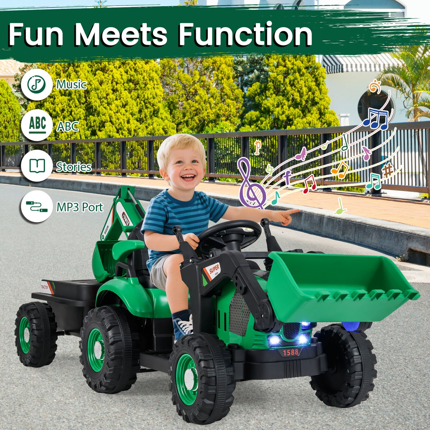 4-in-1 Ride on Tractor for Kids 12V with Remote Control and Trailer-Green