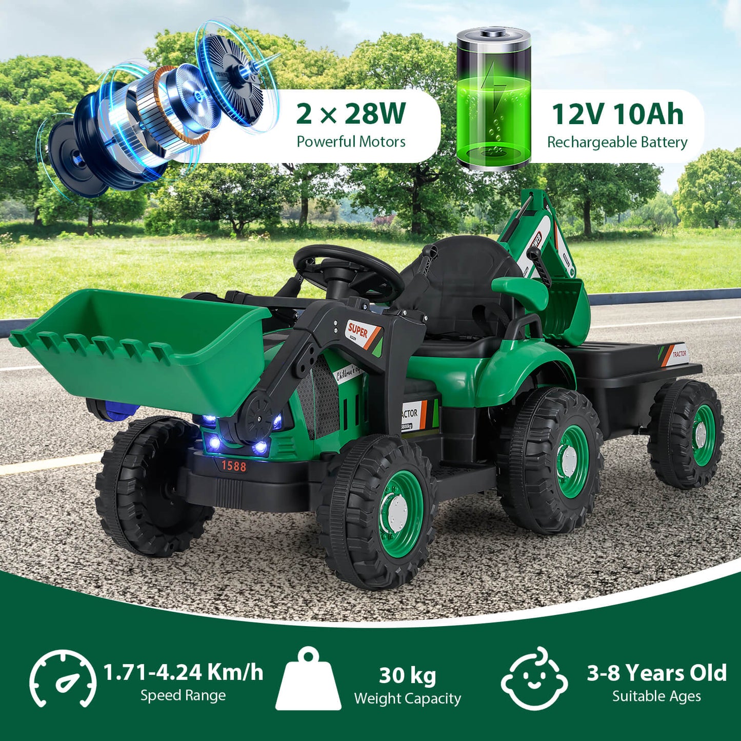 4-in-1 Ride on Tractor for Kids 12V with Remote Control and Trailer-Green