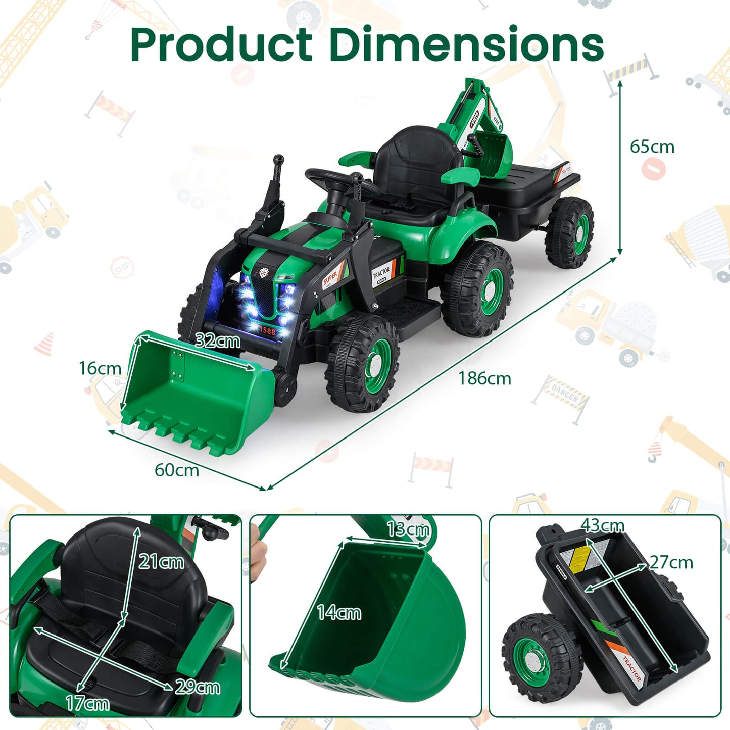 4-in-1 Ride on Tractor for Kids 12V with Remote Control and Trailer-Green