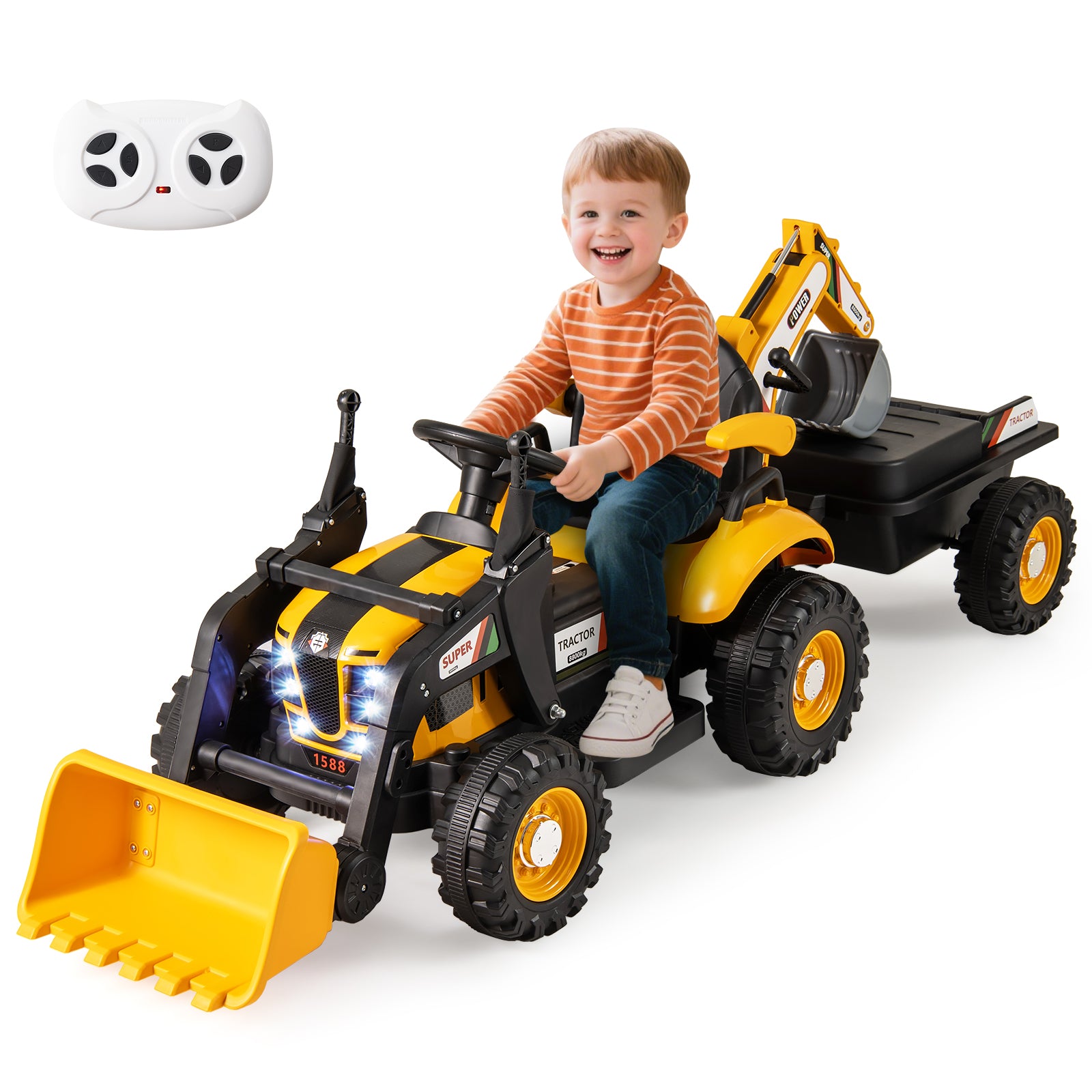 4-in-1 Ride on Tractor for Kids 12V with Remote Control and Trailer-Yellow