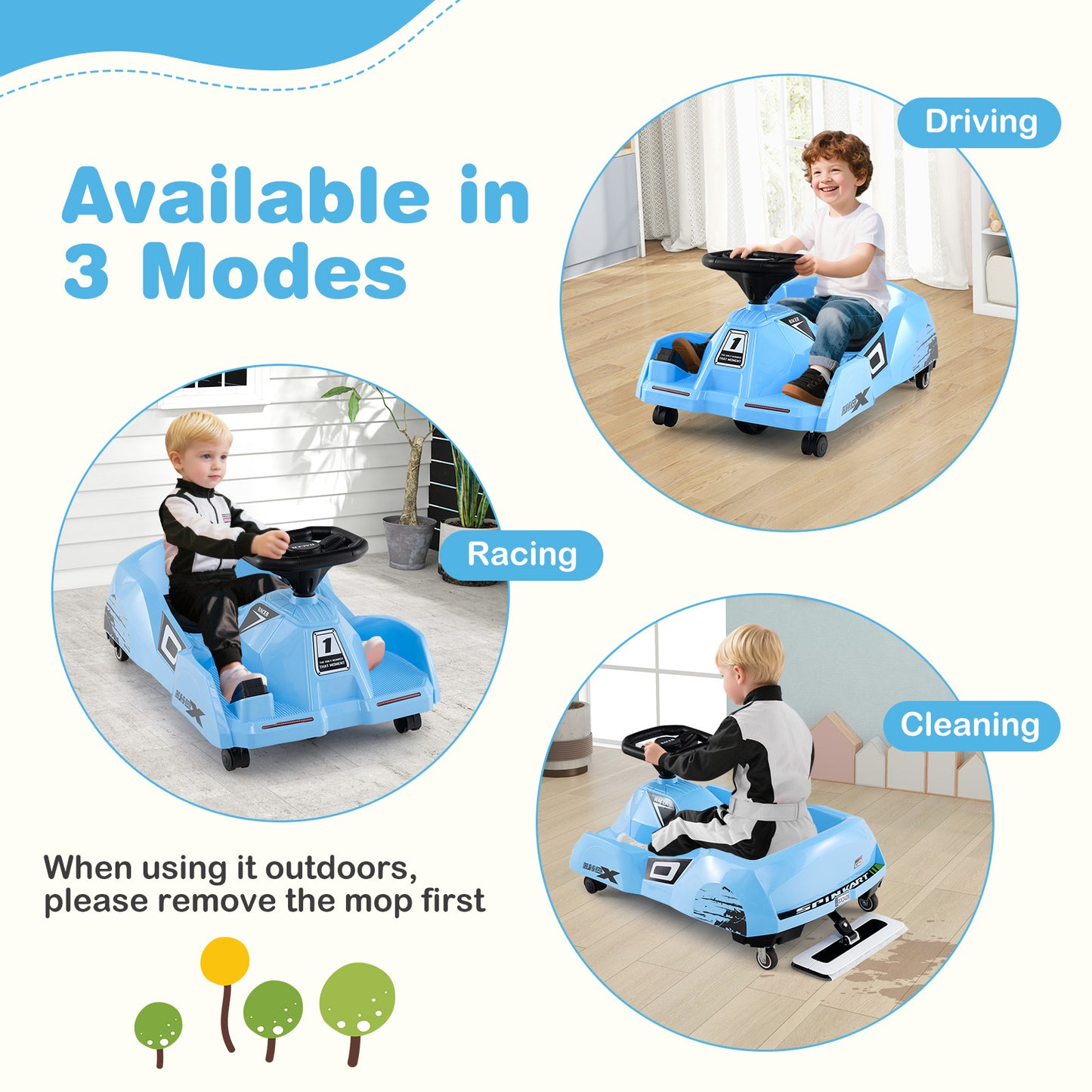 12V Electric Cleaning Go Kart Ride on Race Car with Detachable Mop-Blue