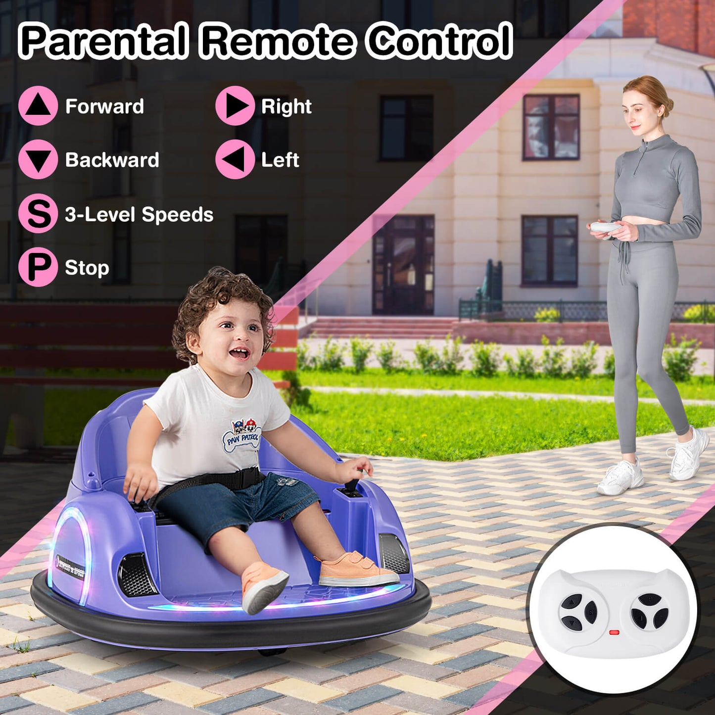 12V Kids Ride on Bumper Car with Flashing Lights and Remote Control-Purple