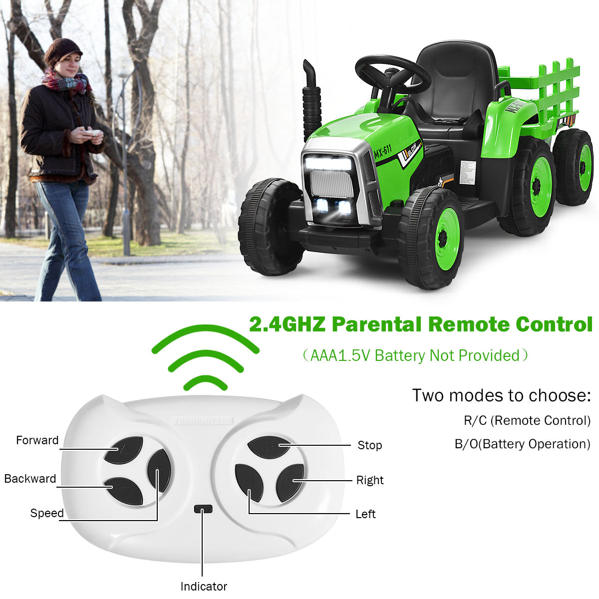 12V Kids Ride On Tractor with Trailer Music and LED Lights-Green