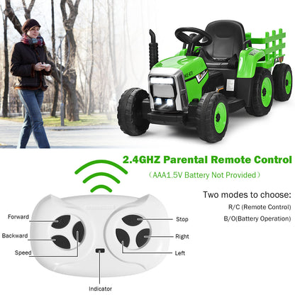 12V Kids Ride On Tractor with Trailer Music and LED Lights-Green