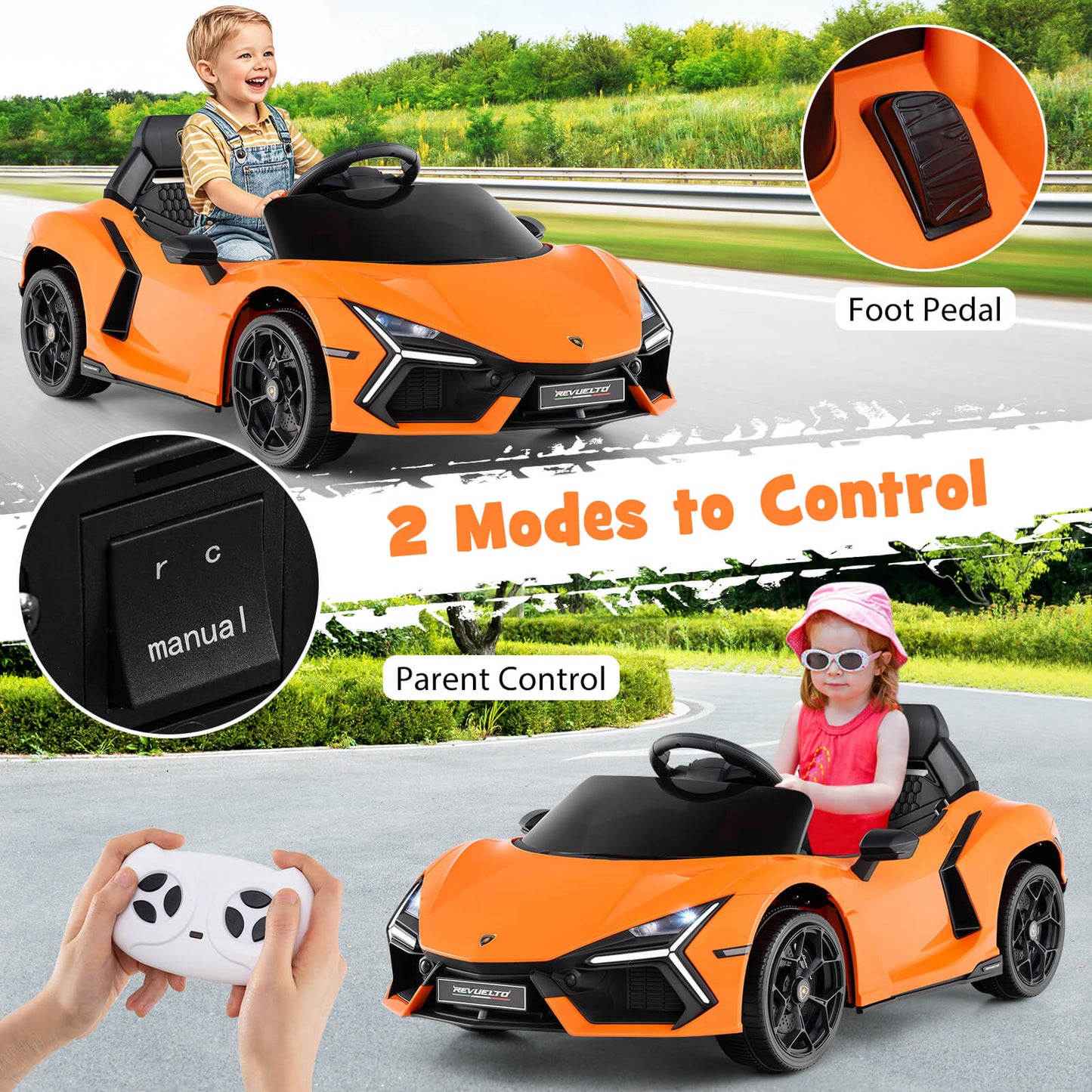12V Kids Ride on Car with Hydraulic Doors Licensed Lamborghini Revuelto-Orange