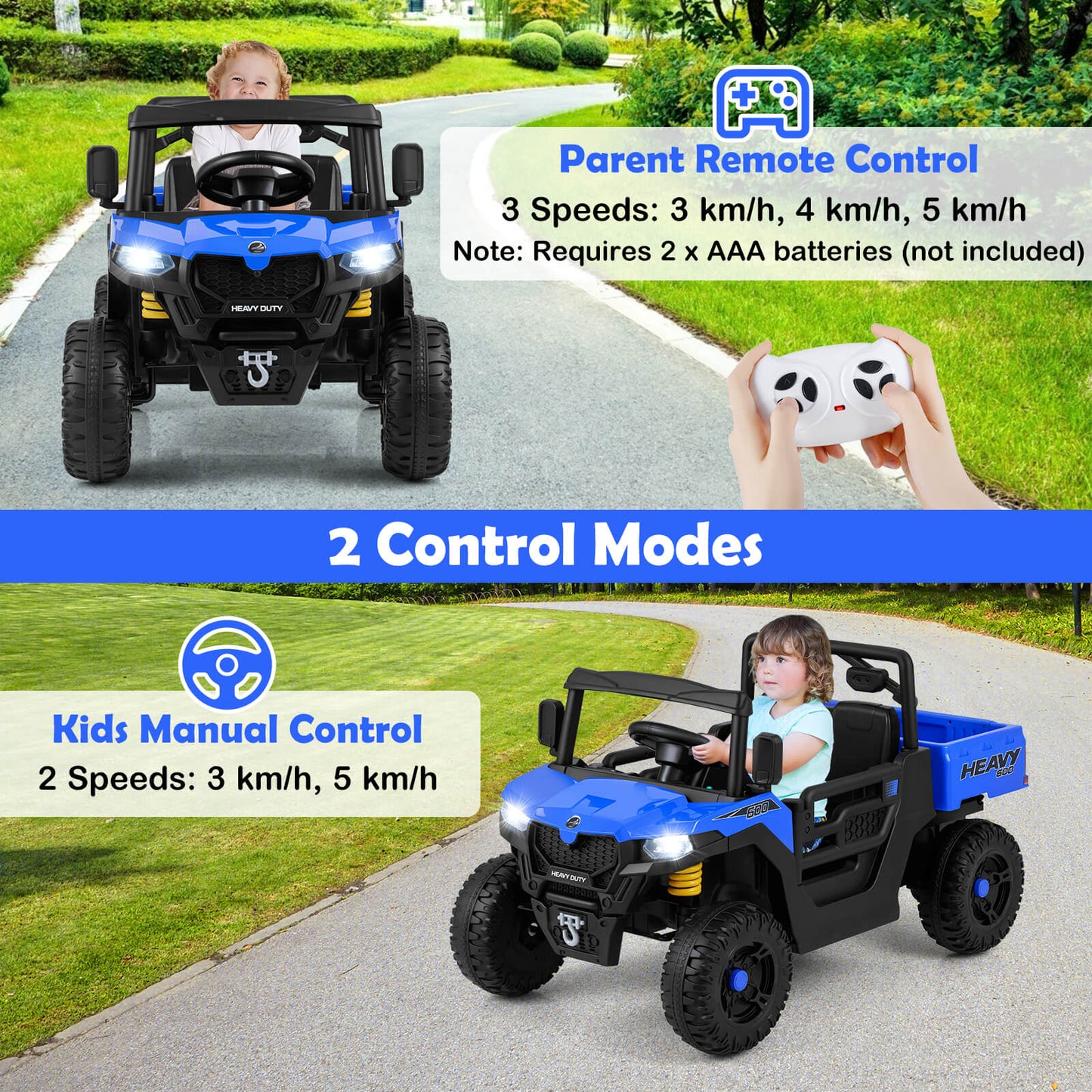 12V Ride on Dump Truck with Electric Dump Bed with Music and Remote Control-Blue