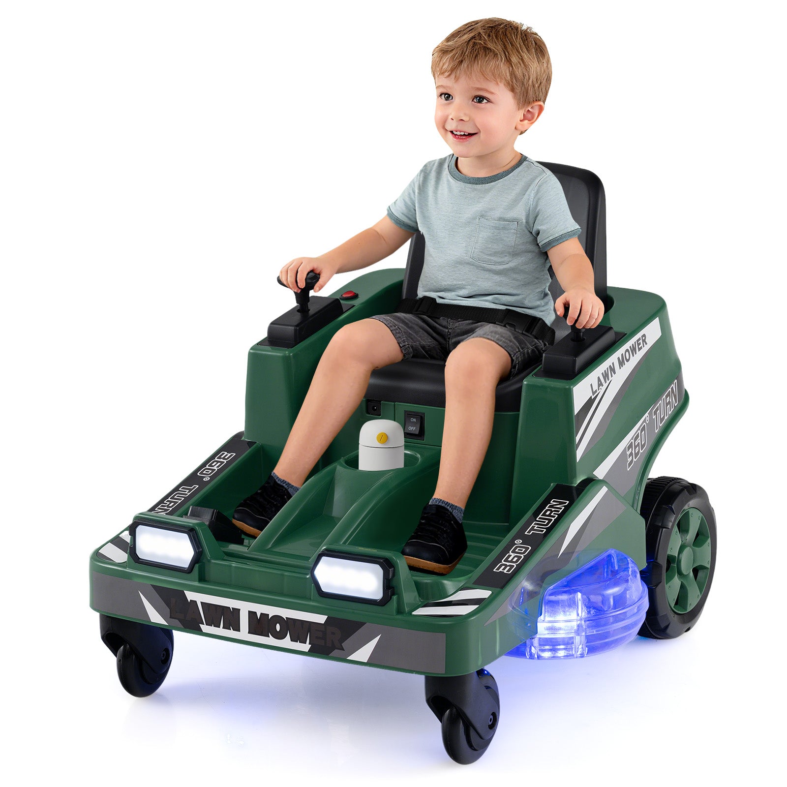 12V Ride on Lawn Mower for Kids with Dual Control Sticks and LED Lights-Green