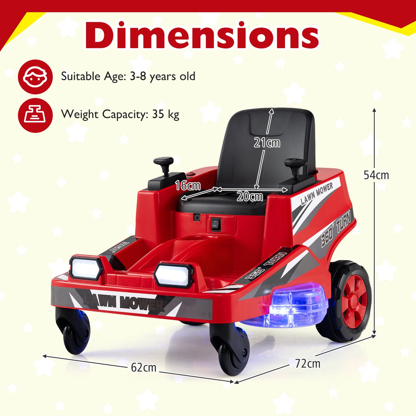12V Ride on Lawn Mower for Kids with Dual Control Sticks and LED Lights-Red
