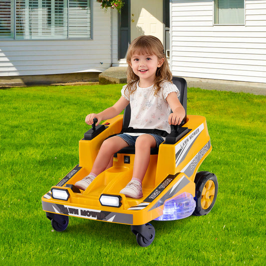 12V Ride on Lawn Mower for Kids with Dual Control Sticks and LED Lights-Yellow