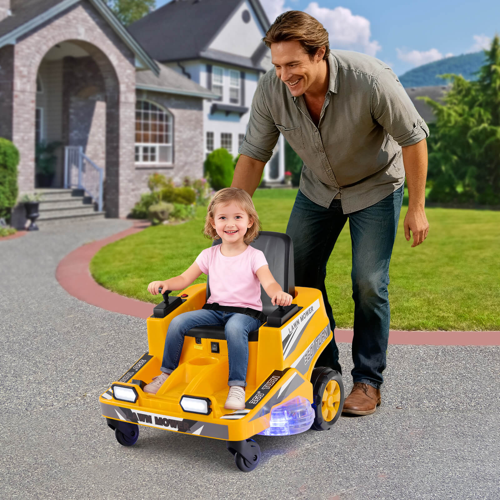 12V Ride on Lawn Mower for Kids with Dual Control Sticks and LED Lights-Yellow