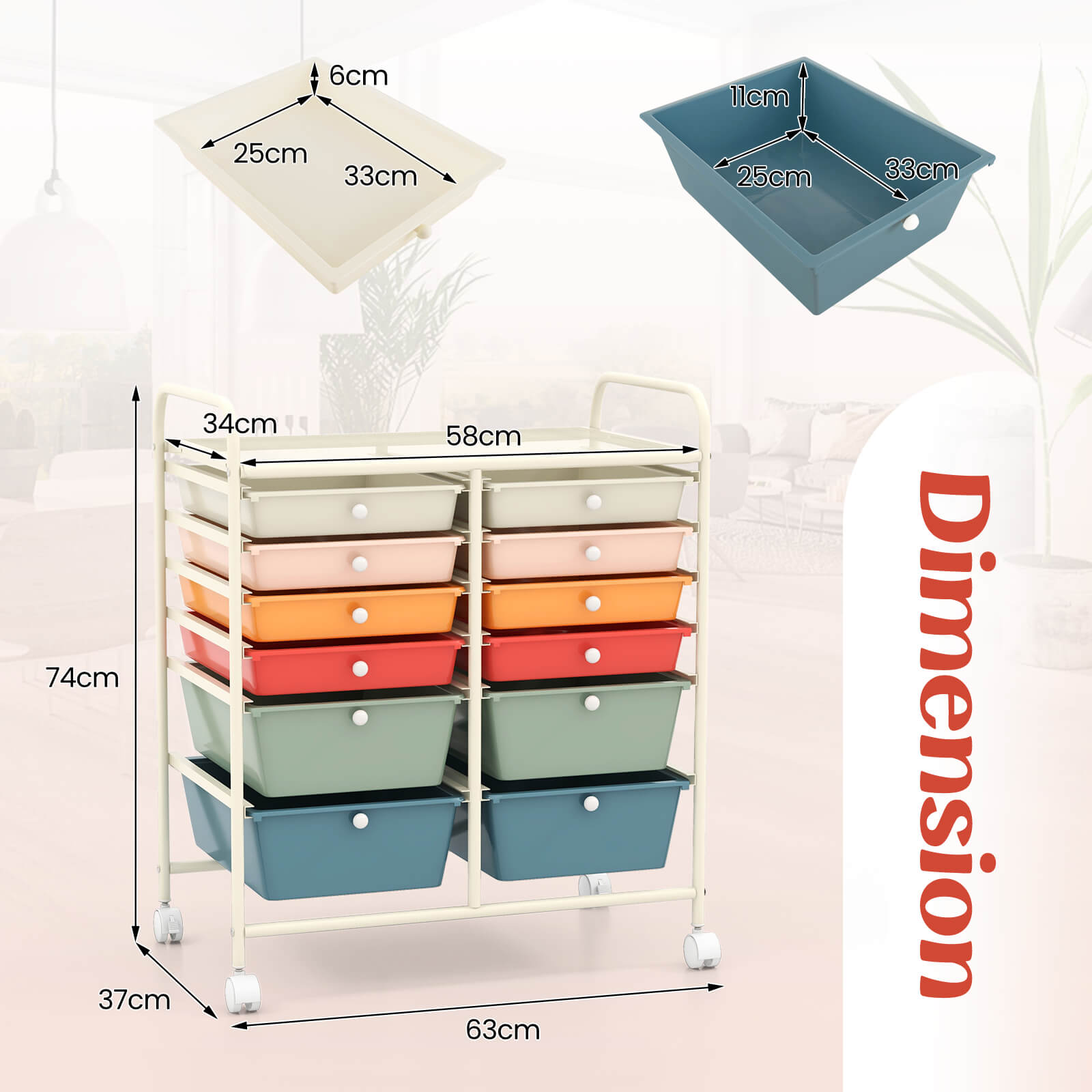 12 Drawers Rolling Storage Cart with 4 Wheels and Brakes-Colourful