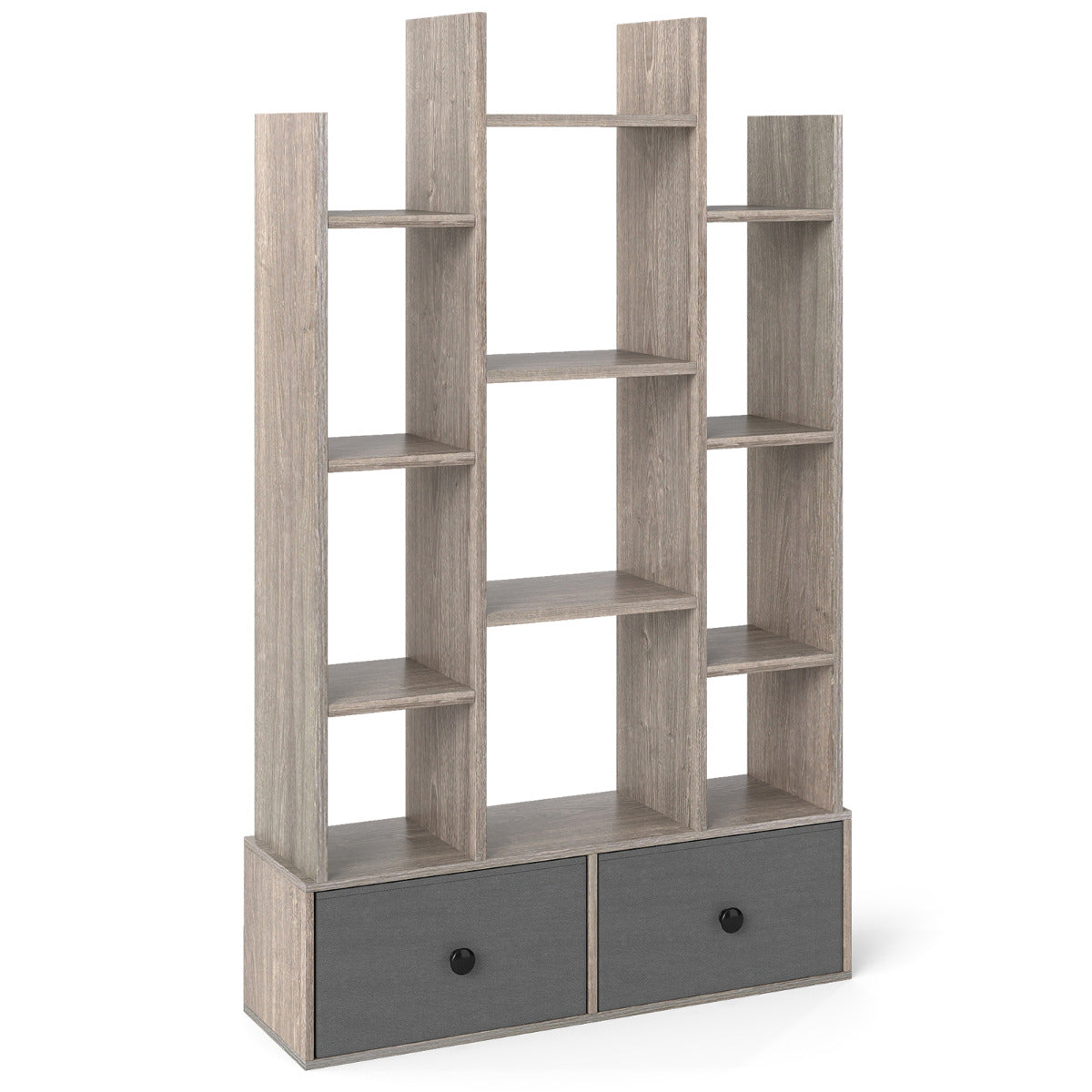 12-Tier Wooden Bookshelf with Folding Drawer for Study Living Room-Grey