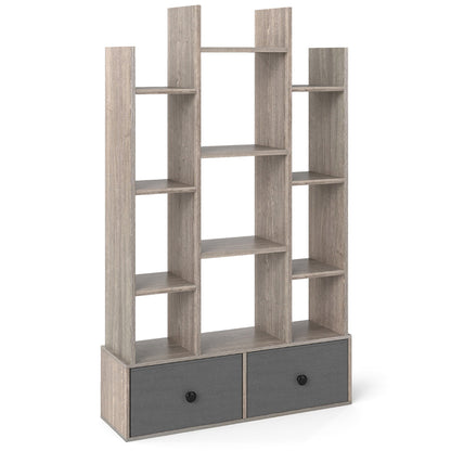 12-Tier Wooden Bookshelf with Folding Drawer for Study Living Room-Grey