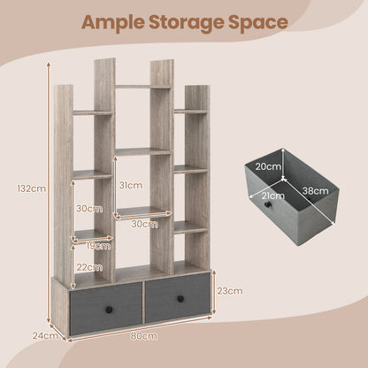 12-Tier Wooden Bookshelf with Folding Drawer for Study Living Room-Grey
