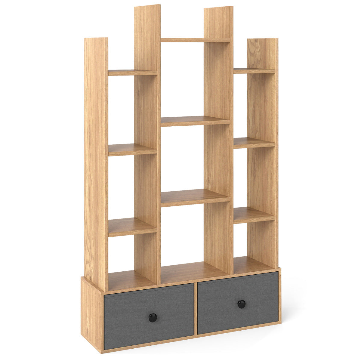 12-Tier Wooden Bookshelf with Folding Drawer for Study Living Room-Natural