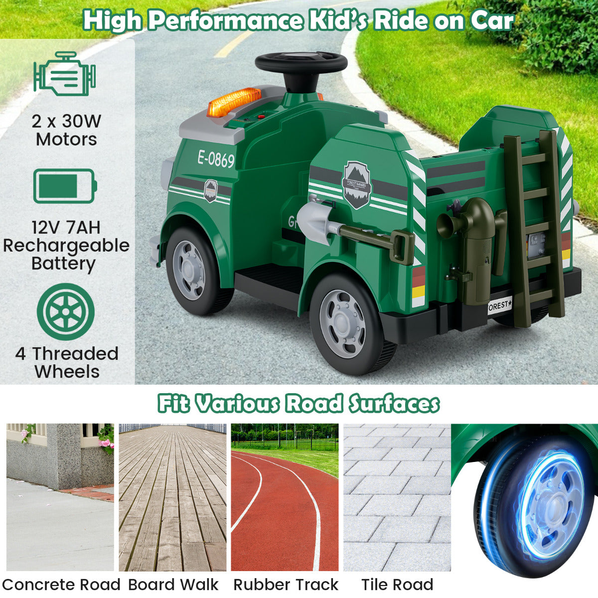12V Kids Ride on Fire Truck with Shovel and Wrench-Green