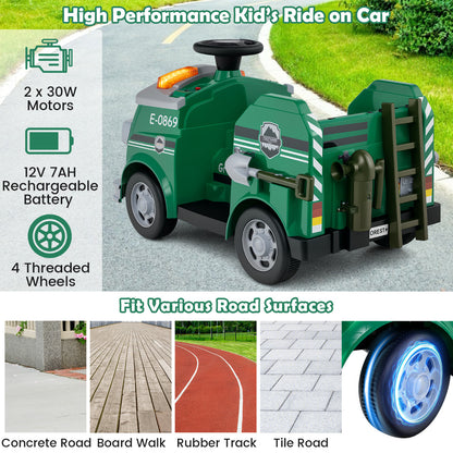12V Kids Ride on Fire Truck with Shovel and Wrench-Green