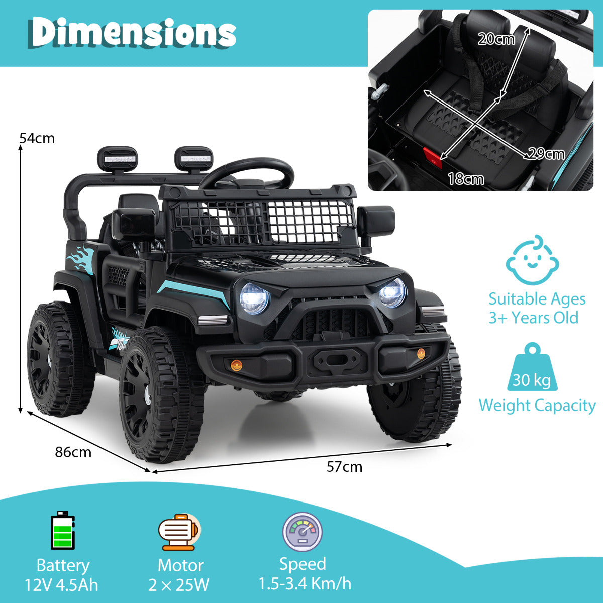 12V Kids Ride on Truck Car with Remote Control for Kid Over 3 Years Old-Black