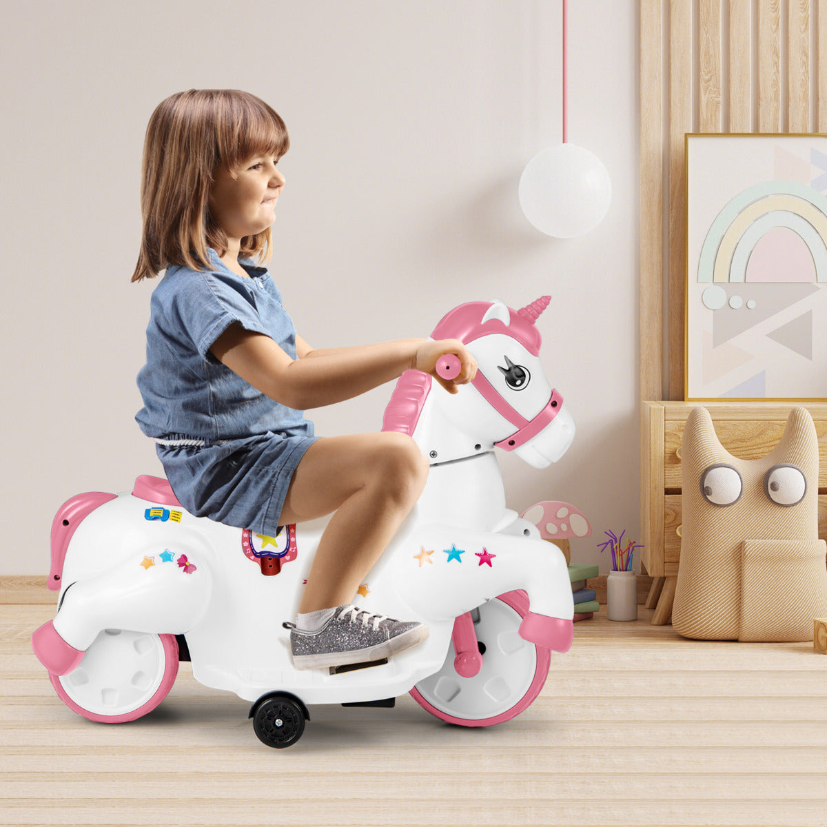 12V Unicorn Ride on Toy with Training Wheels for Kids-Pink