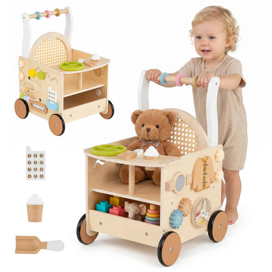 13-In-1 Wooden Baby Walker with Wheels and Storage for Boys Girls Aged 1+
