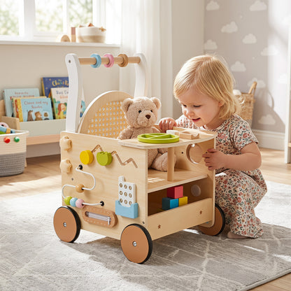 13-In-1 Wooden Baby Walker with Wheels and Storage for Boys Girls Aged 1+